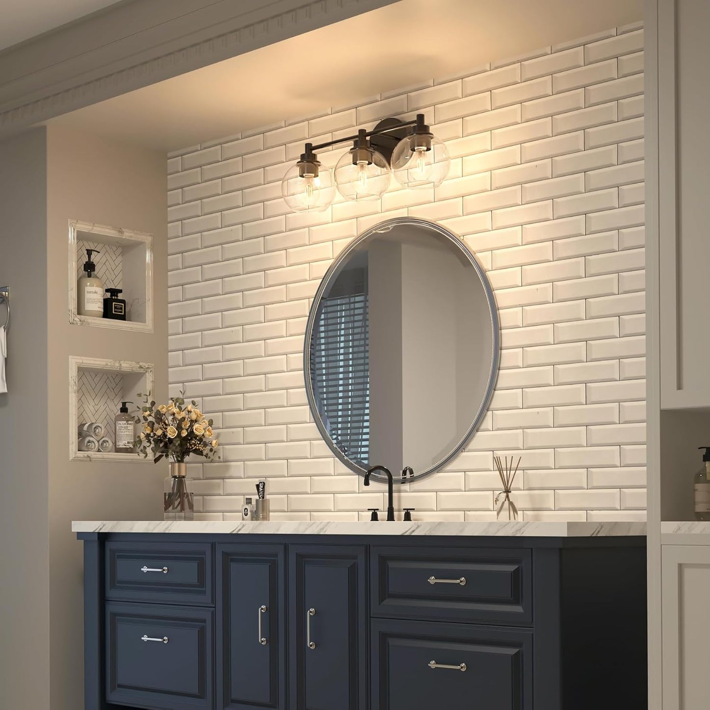 3-Light Vanity Bathroom Light Fixture with Globe Glass Shades - Brushed Nickel, ETL Certified