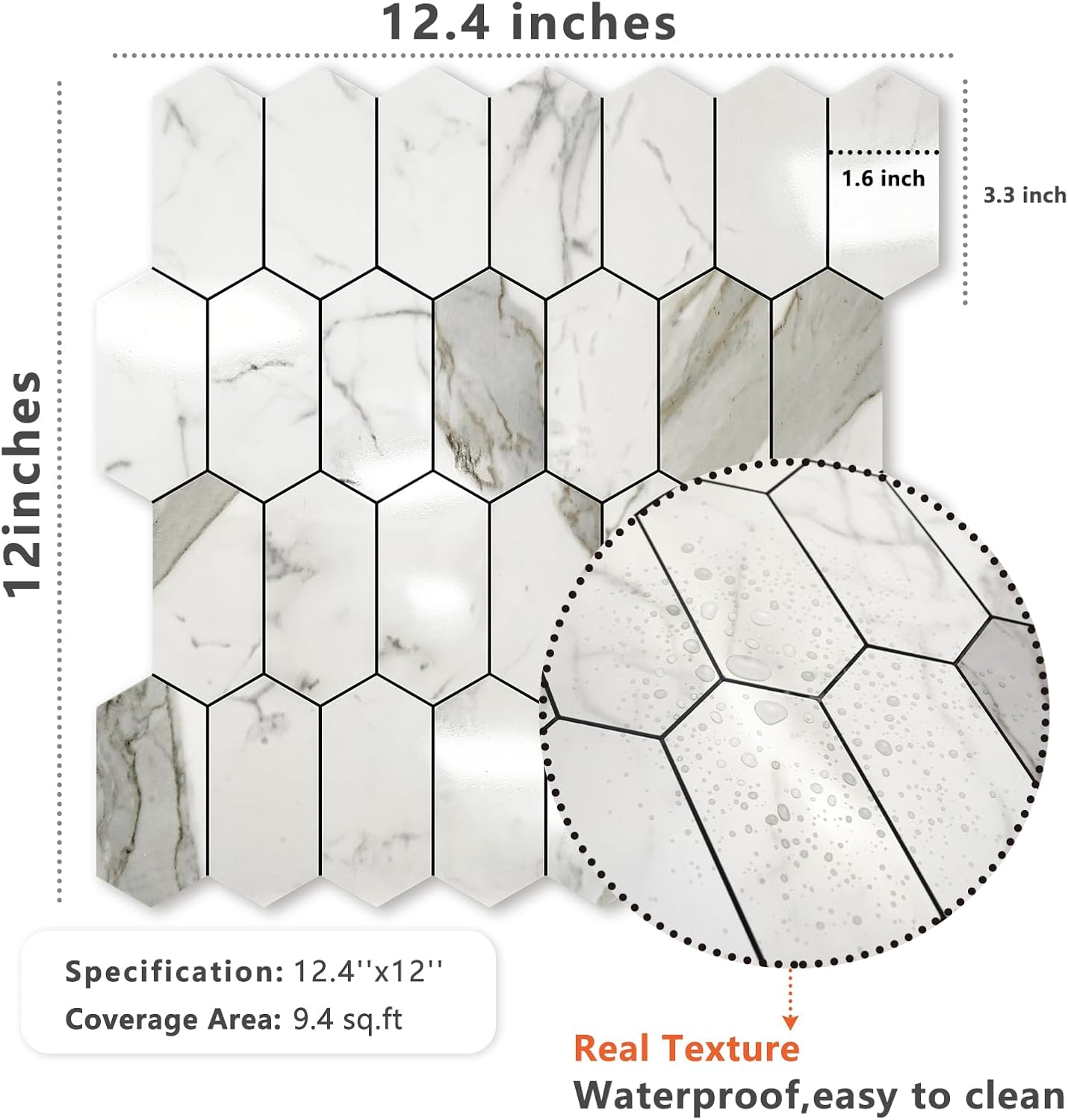 Glossy Wood Grain Peel and Stick Backsplash Tile - 10 Sheets Hexagon Mosaic for Kitchen & Bathroom, 12.4 x 12 Inch