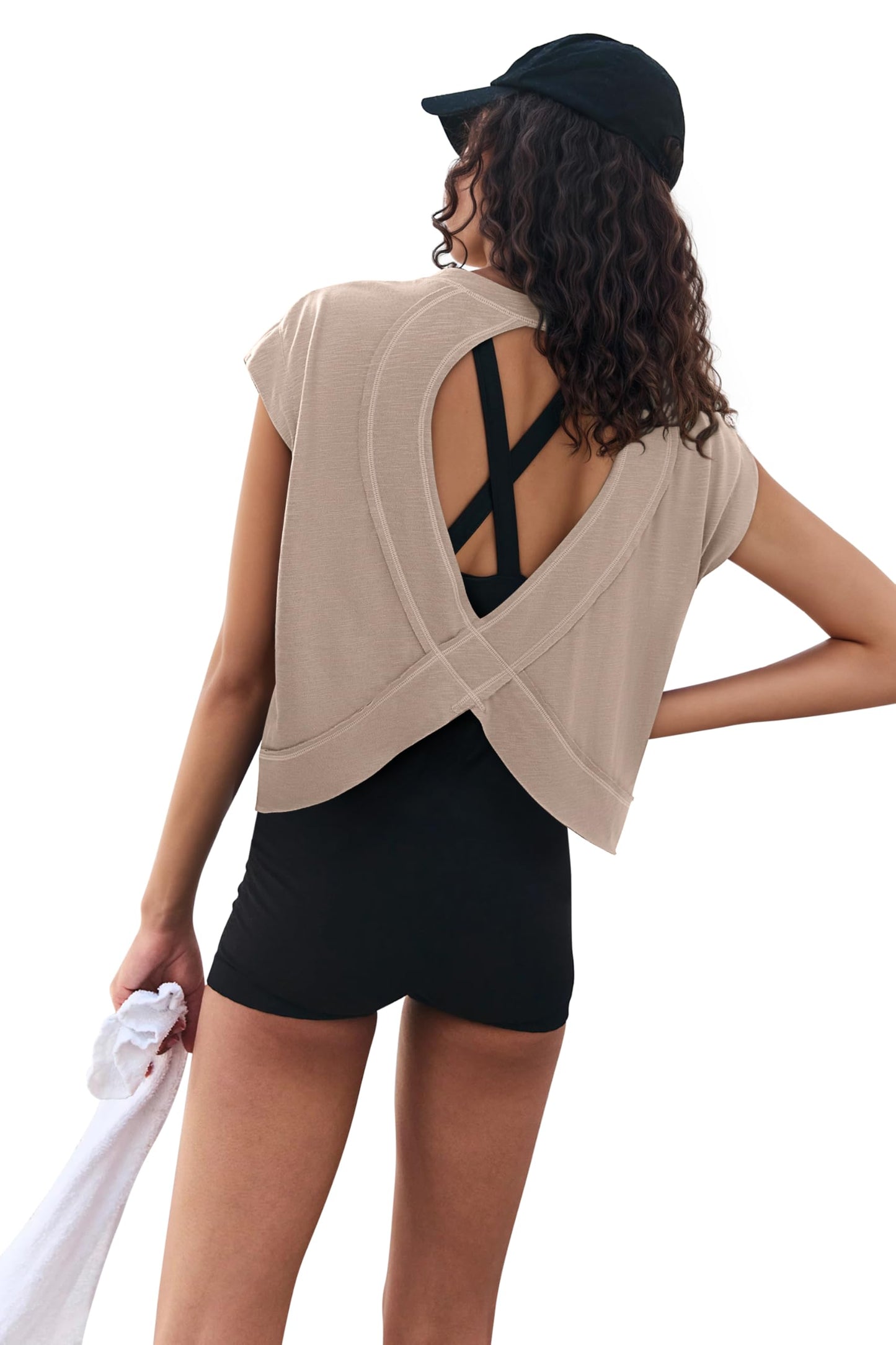 LASLULU Womens Open Back Workout Tops Short Sleeve Crop Tank Tops 2026 Summer T-Shirts Loose Athletic Yoga Pilates Exercise Running Gym Shirts(Apricot, Medium)