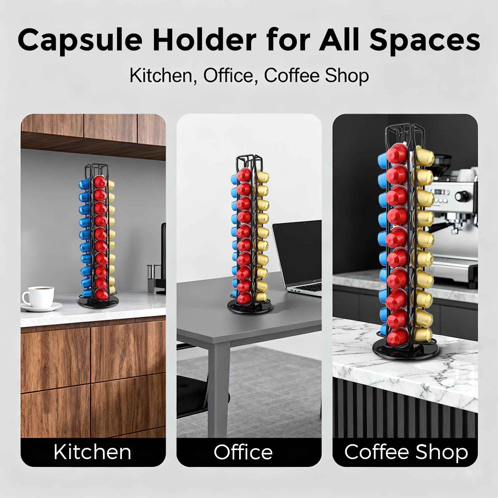 Coffee Pod Holder Compatible with Nespresso Original Capsule– Holds 40 Pods, 360° Rotating Coffee Carousel Storage, Space-Saving Countertop Organizer, Stylish Gift for Coffee Lovers (Black)