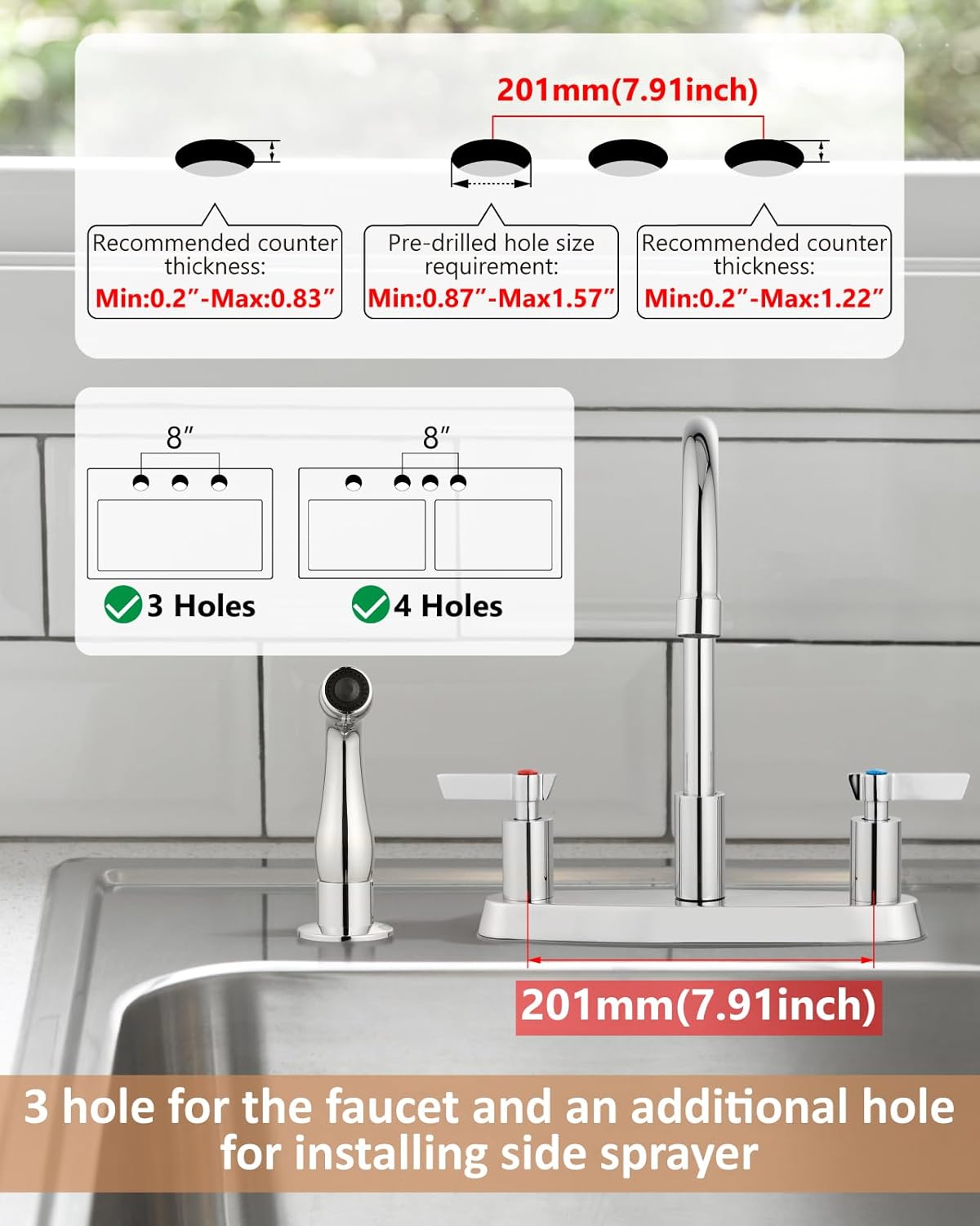 Brushed Nickel Kitchen Faucet with Sprayer - 2 Handle 8-Inch Centerset 3 Hole