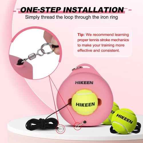 Hikeen Premium Tennis Trainer Rebound with Metal Base,Portable Solo Tennis Trainer Set with 3 Highly Elastic String Balls,Tennis Practice Equipment for Adult Kids and Beginners - Pink