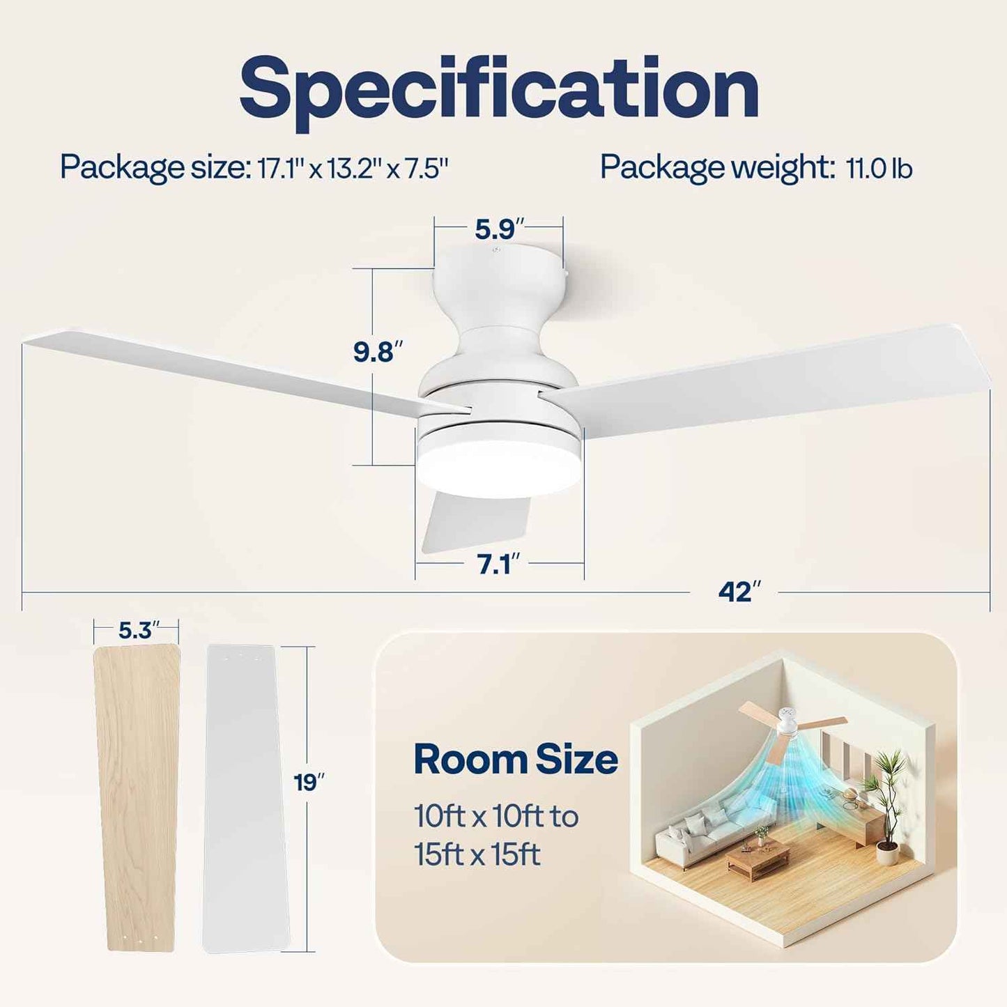 42-Inch VIVOHOME Low Profile Ceiling Fan with Lights & Remote - Dimmable, Quiet, Reversible for Bedroom & Living Room