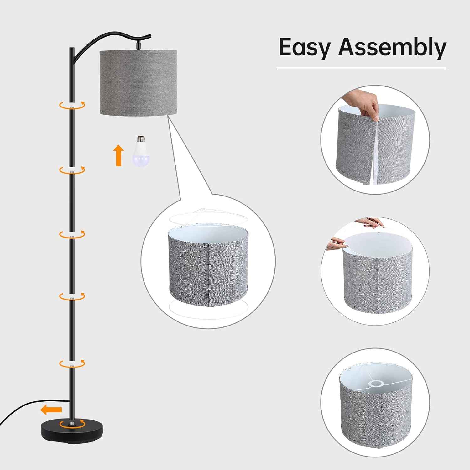 Modern LED Floor Lamp with Bohemian Linen Shade – Arched Tall Standing Light for Living Room & Bedroom