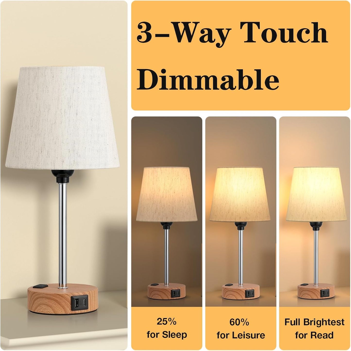 Set of 2 Mini Bedside Lamps with USB-C & AC Outlet - Dimmable Touch Nightstand Lights for Bedrooms