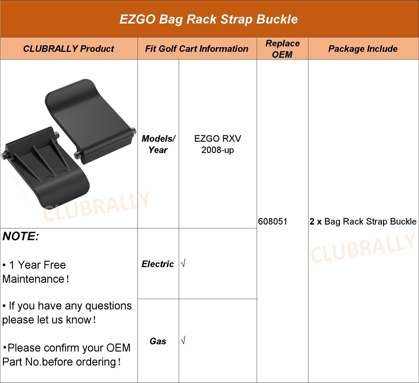 CLUBRALLY EZGO RXV Golf Cart Bag Strap Buckle (2 Pack), OEM# 608051 Rear Bag Rack Buckles ONLY for 2008-Up EZGO RXV Models