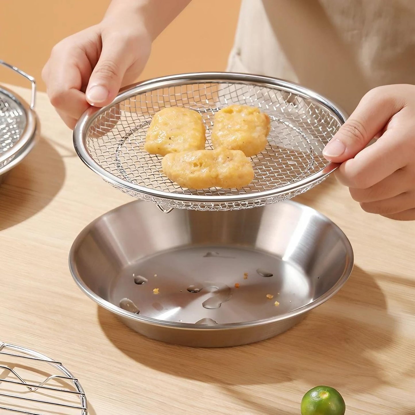 JANKOW Air Fryer Rack Round Stainless Steel Basket, Oil Strainer Basket, Round Stackable Grill, Deep Fryer Basket for Air Fryer Accessories in the Kitchen (Gold) (Silver)