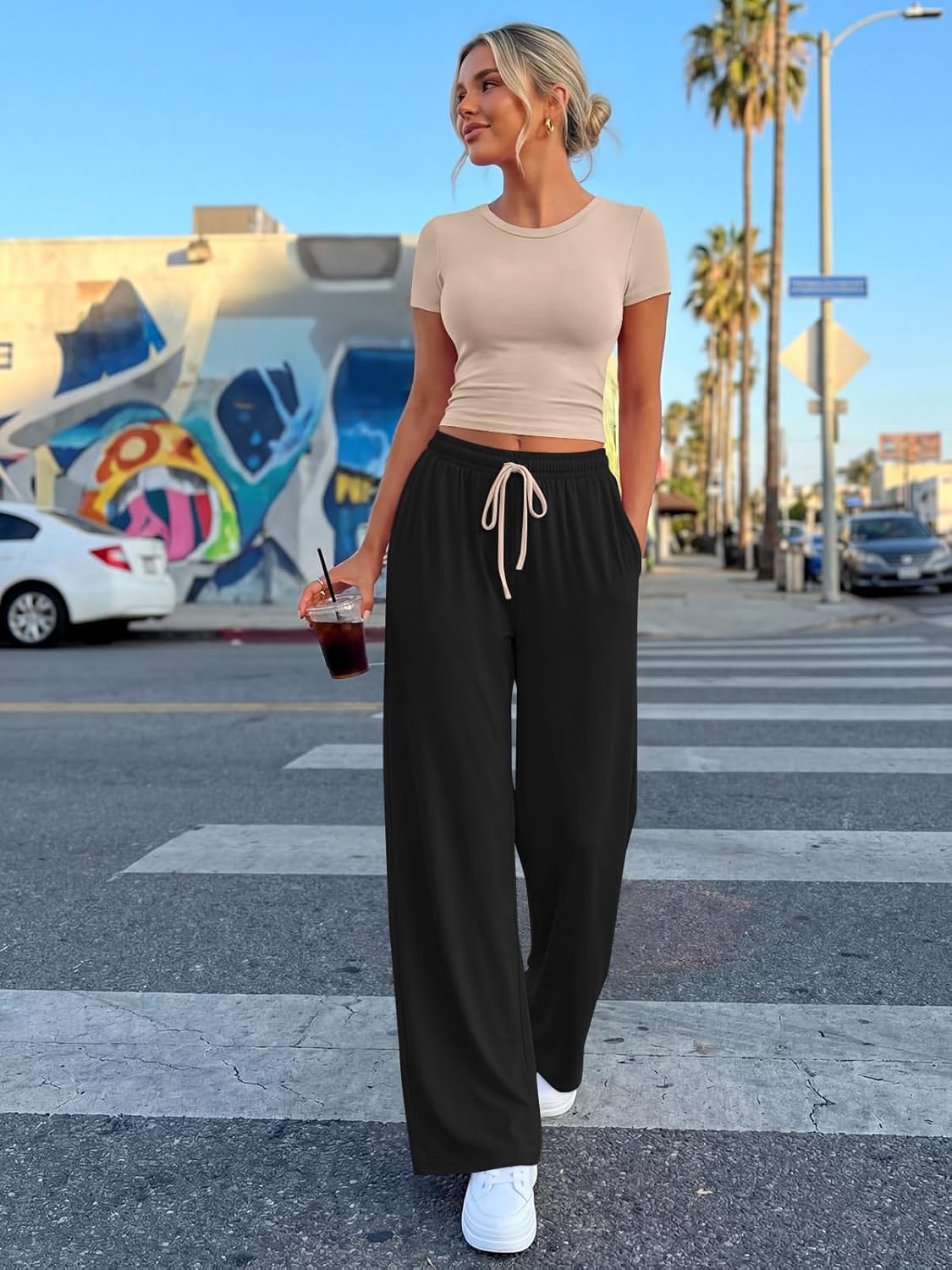 Trendy Queen 2 Piece Summer Sweatsuit Set - Women's Wide Leg Pants & Ruching Crop Top