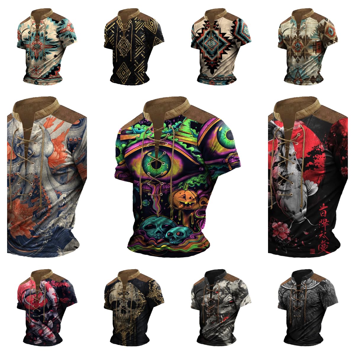 Tactical Polo Shirts for Men Totem Print Short Sleeve Lace Up Cotton Crewneck Stylish Pullover 2025 Summer Big and Tall Distressed Tshirts Slim Cool Breathable Lightweight Outdoor Running Shirt,3XL