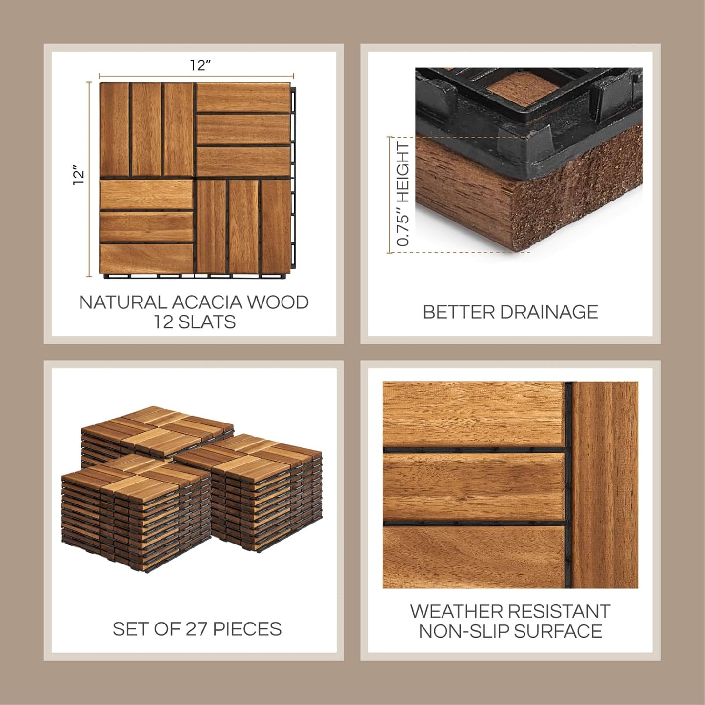 Outdoor Waterproof Acacia Wood Deck Tiles - 10 Pcs Patio Flooring for All Weather Use