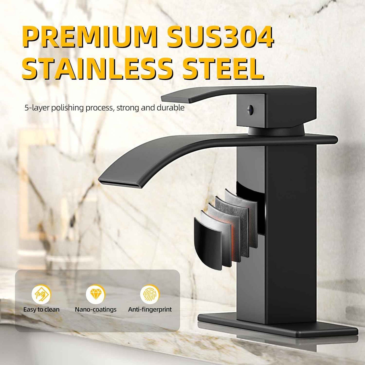 Modern Brushed Gold Bathroom Faucet with Waterfall Spout & Pop-Up Drain - Single Handle Vanity Sink Faucet