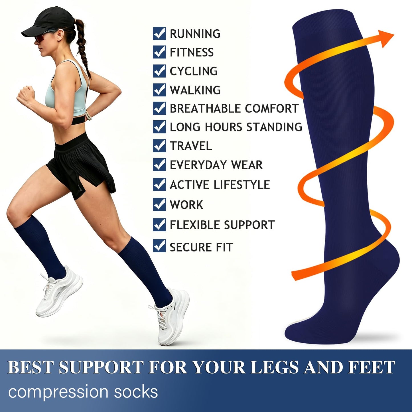 Sooverki Compression Socks for Women and Men Circulation (4 Pairs) is Best Support for Running Athletic Hiking Workout Flight Runner Gifts Navy Blue Plain Knee High Stocking