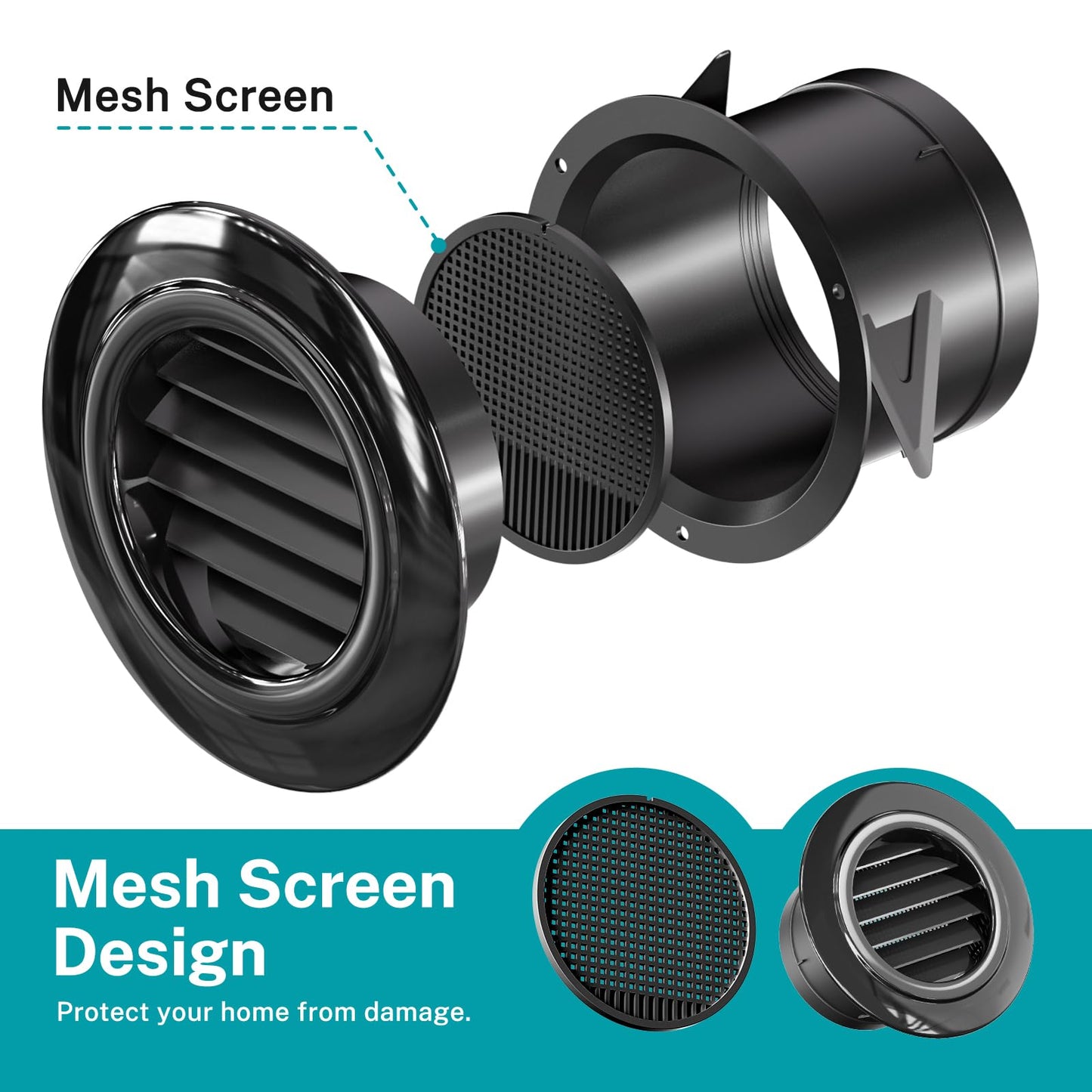 HG Power 4 Inch Soffit Vent, ABS Plastic Round Vent Cover with Built-in Screen Mesh, Black Louver Exhaust Vent for Exhaust Fan, Inline Duct Fan, Bathroom, Kitchen, Garage Use, 100mm