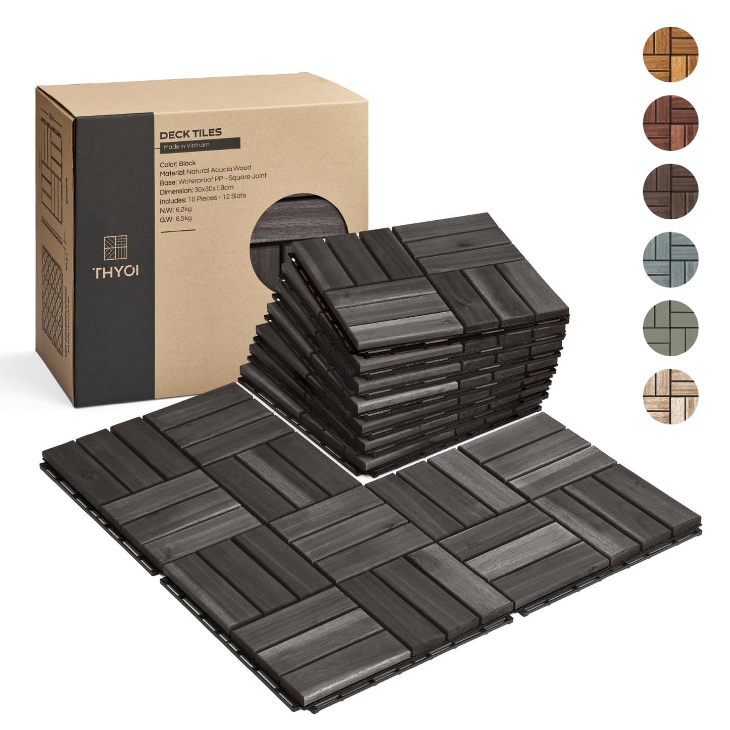 Outdoor Waterproof Acacia Wood Deck Tiles - 10 Pcs Patio Flooring for All Weather Use