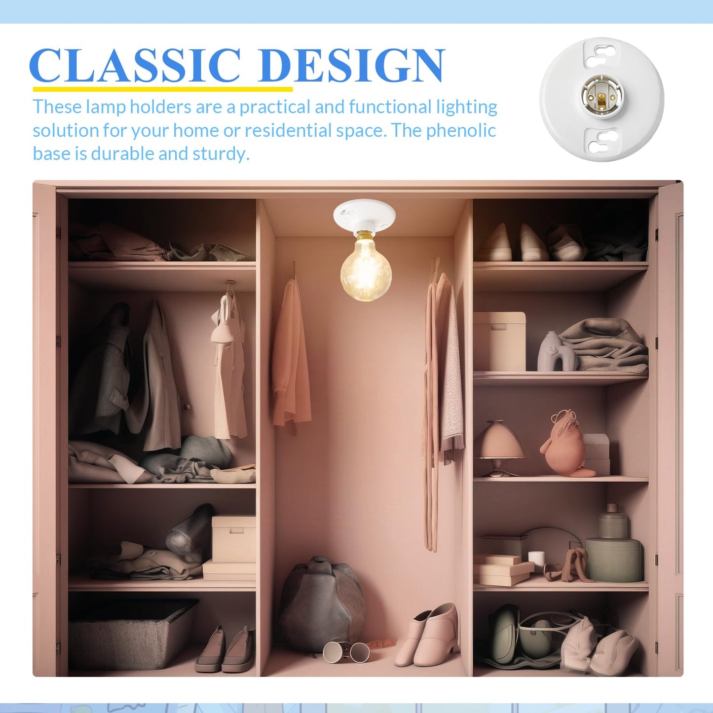 Saysurey 2 Pcs Medium Base E26 Lampholder Ceiling Light Sockets White Phenolic Bulb Socket Incandescent Fluorescent CFL Lamp Holder 660w 250v (Keyless)