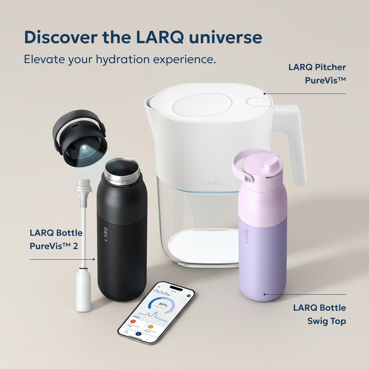 LARQ Bottle Flip Top 25 oz - Insulated Stainless Steel Water Bottle With Straw | BPA Free | Reusable Water Bottle for Sports, Gym, and Travel | Keep Drinks Cold for 24 Hours, Granite White