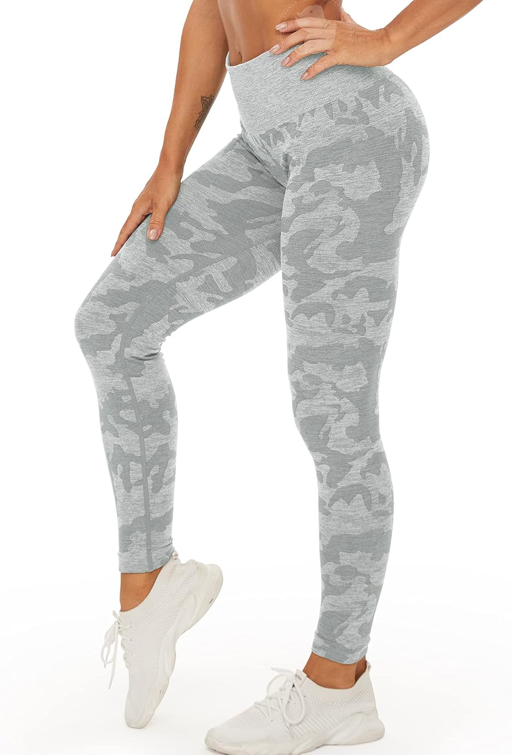 YEOREO Women's High Waisted Camo Workout Leggings - Seamless Tummy Control Yoga Pants | Grey, Size M