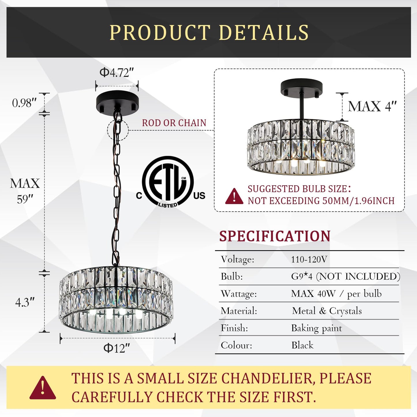 CATINER Crystal Pendant Light 4-Light Modern Black Chandelier Small 12” Crystal Semi Flush Mount Ceiling Light Round for Kitchen Island Foyer Hallway