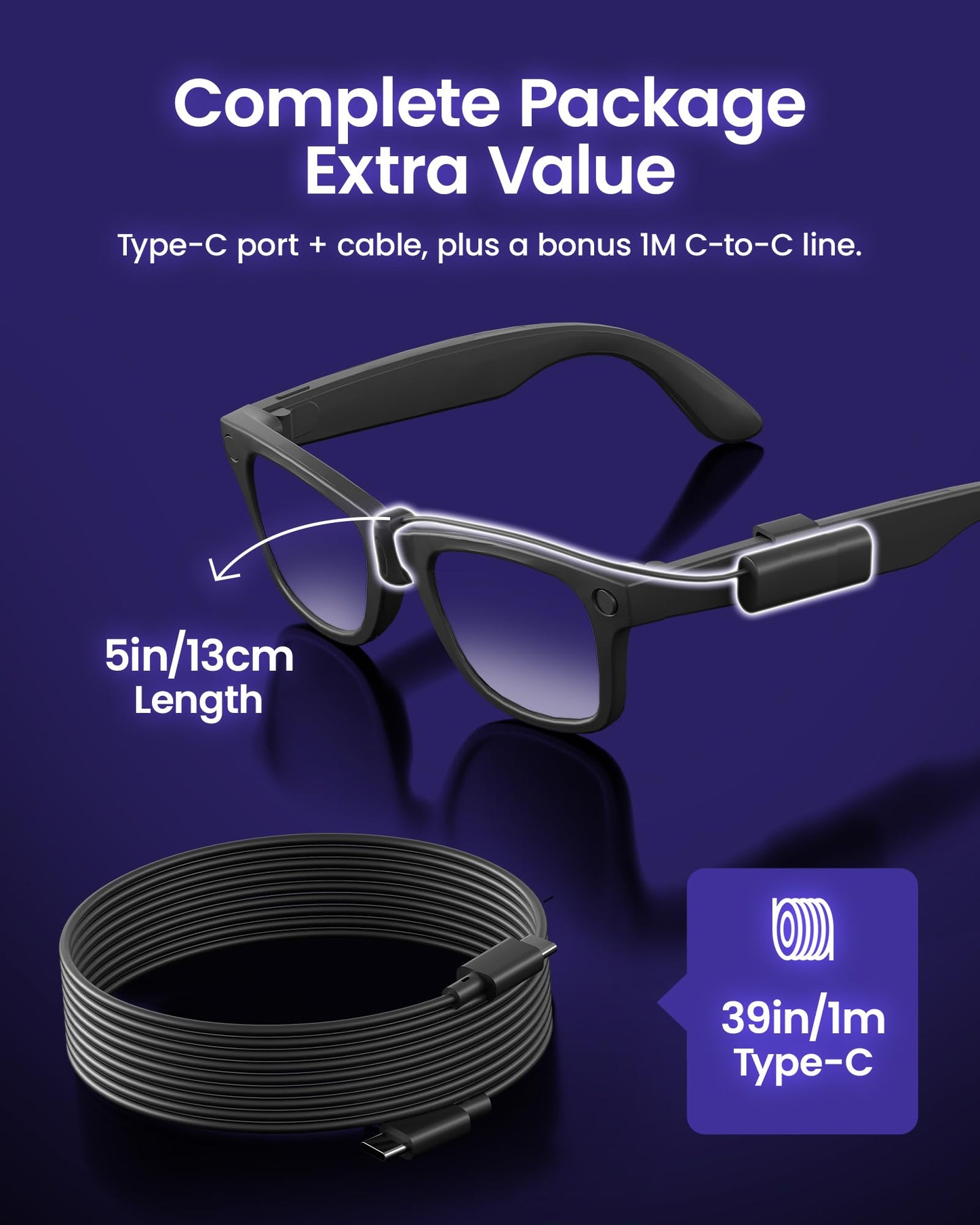 Charging Cable Accessories Compatible with Ray-Ban & Oakley Meta Smart Glasses – Always-On Short Cord + Bonus 1m USB-C Cable, Works with Wayfarer, Skyler, Headliner, HSTN, Smart Chip Stable Charging