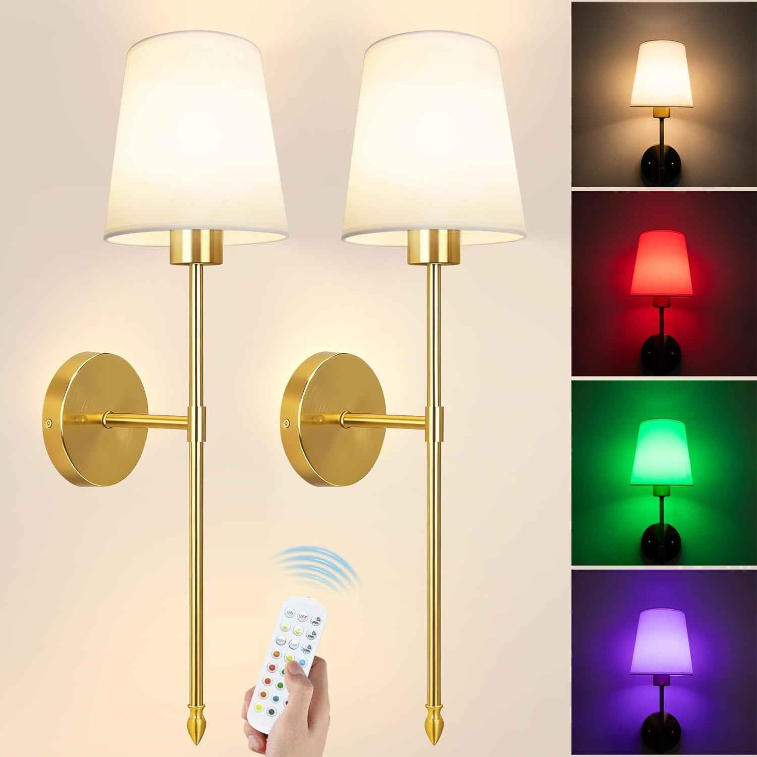 Rechargeable Gold Battery Operated Wall Sconces Set of 2 with Remote & RGB Bulbs
