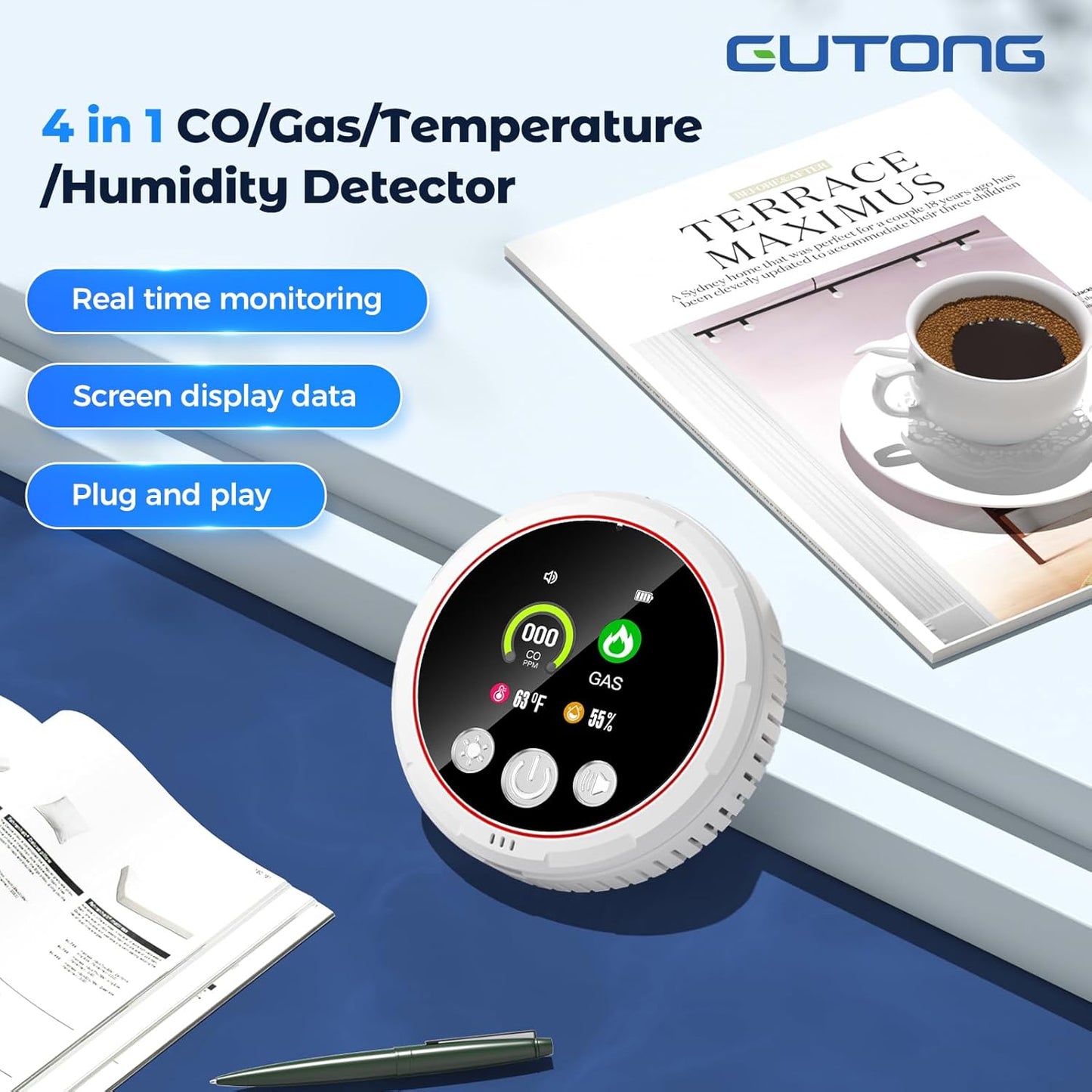 5-in-1 Carbon Monoxide, Smoke & Gas Detector with Battery Backup - HD Digital Screen for Home Safety