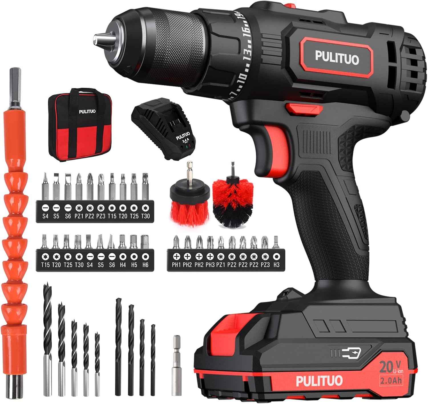 PULITUO'S 20V Cordless Drill/Driver, Electric Screwdriver - 2 Batteries, 30Nm, 21+1 Torque, 2 Speed, Keyless 3/8" Chase Drill with LED Light, Kit for Home (Green)