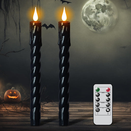Eldnacele Plastic Flameless Taper Candles with Remote and Timer, Black Spiral Taper Candles Battery Operated Flickering Flame Lights Lifelike LED Candlesticks Set of 2 for Indoor Home Holiday Decor