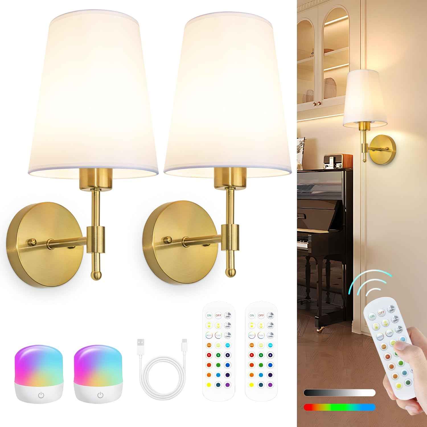 Rechargeable Gold Battery Operated Wall Sconces Set of 2 with Remote & RGB Bulbs