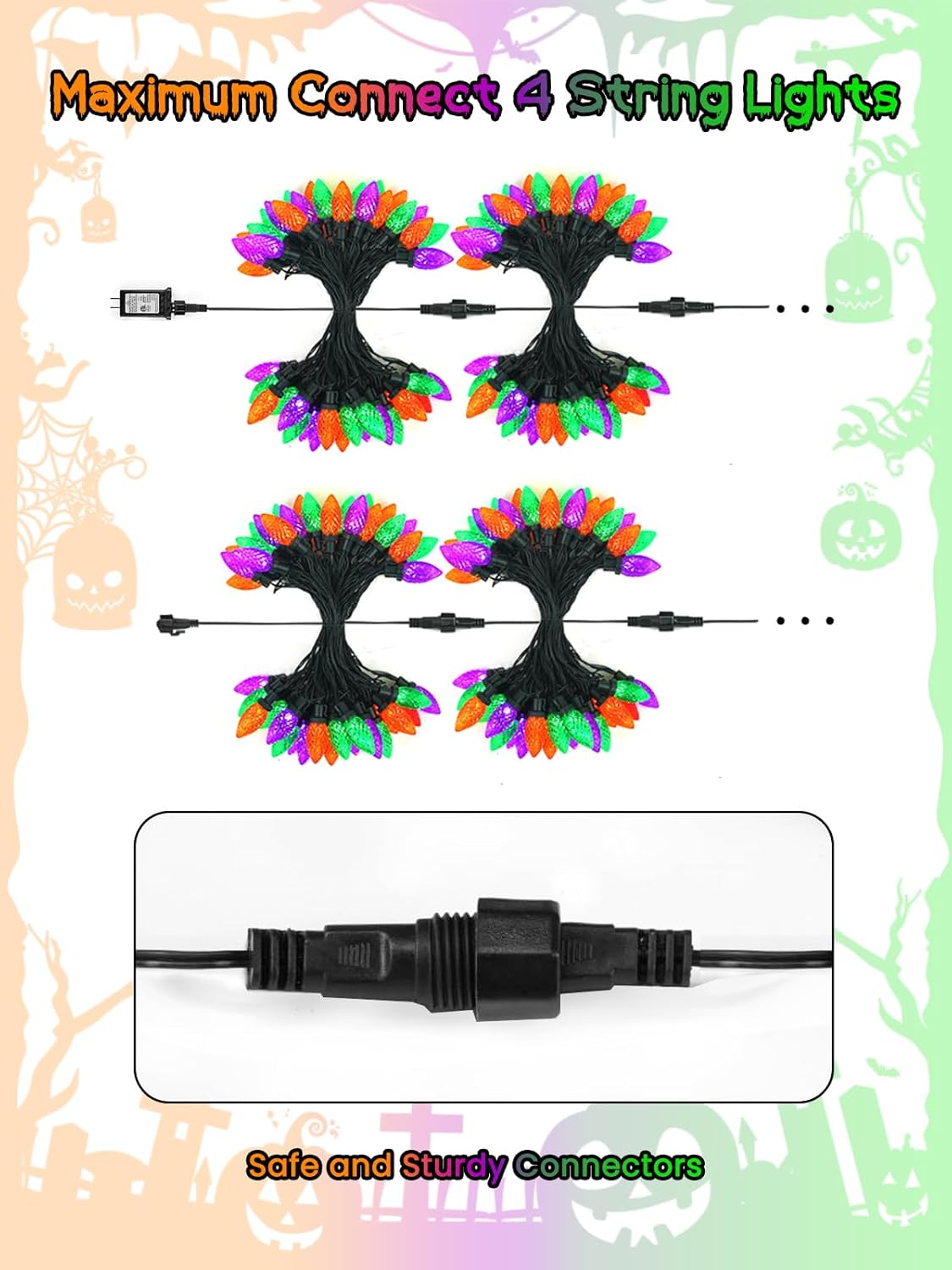 100 LED C9 Halloween String Lights - 66FT Waterproof Twinkle Lights with 8 Modes & Timer for Indoor/Outdoor Decor (Orange, Purple, Green) - 2-Pack