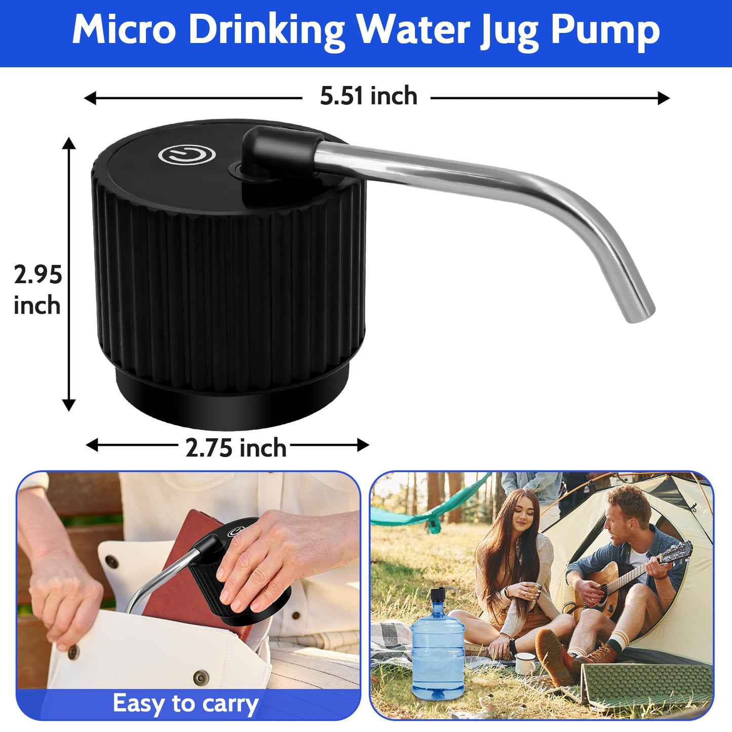 Yolleach Camping Water Dispenser for 5 Gallon Bottle,Portable USB Charging Electric Water Bottle Pump,Universal Micro Drinking Water Jug Pump,3-5 Gallon Automatic Water Dispenser with Silicone Cap