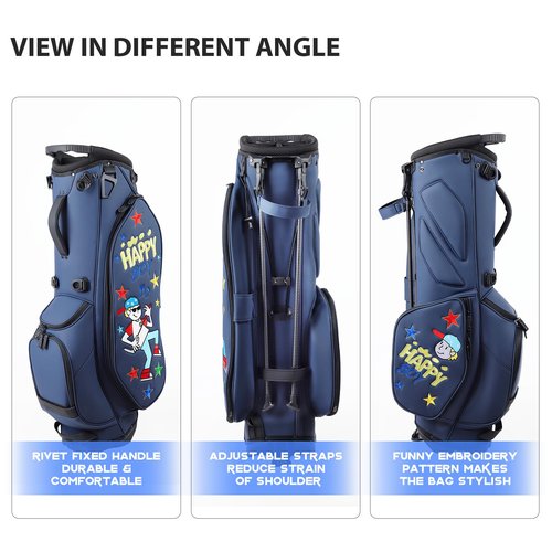 Golf Stand Bag with 5-Way Dividers, Waterproof PU Leather, Funny Detachable Patch, 7.3 lbs for Men & Women, (Navy EMB)