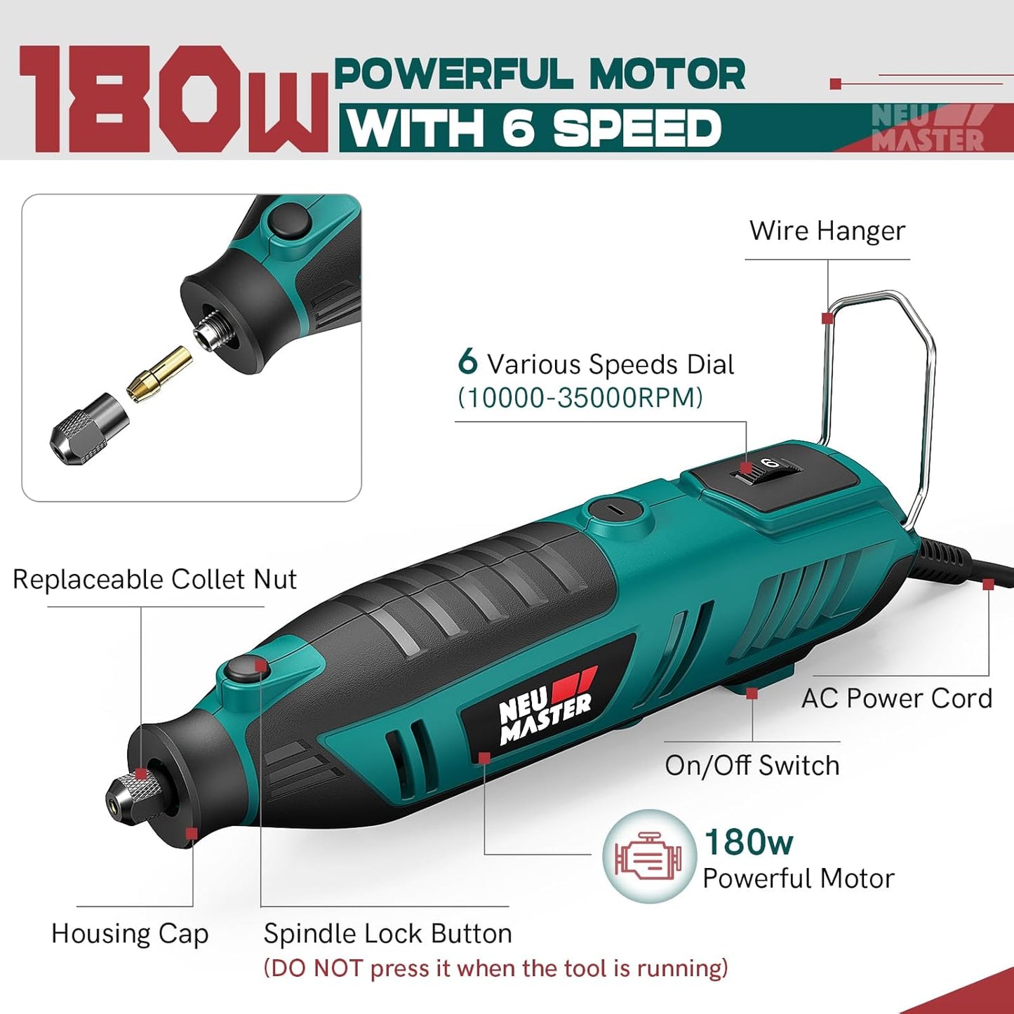 NEU MASTER 180W Rotary Tool Kit with 160 Accessories & 6 Speed Settings for DIY Crafts