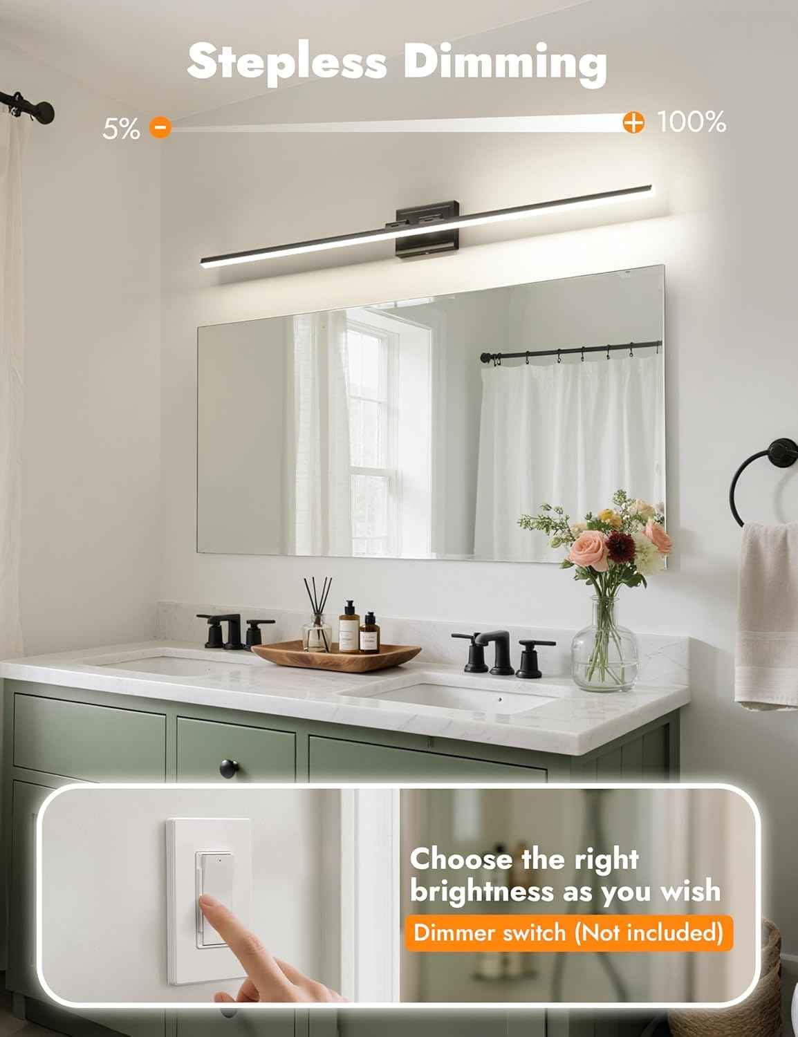 NIORSUN 24-Inch Dimmable LED Bathroom Vanity Light Fixture - Modern Black Over Mirror Lighting, 5CCT, ETL Certified