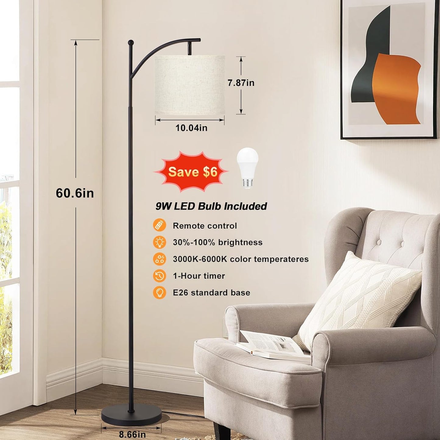 Modern 60" Floor Lamp with Remote Control & Dimmable LED Bulb - Beige Shade, Adjustable Brightness for Living Room
