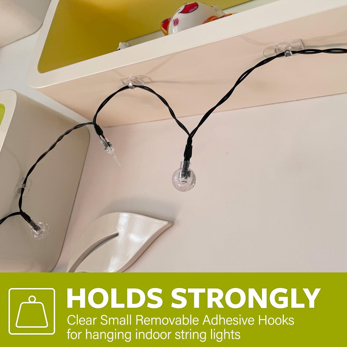 Karsbarwe 60 Clips+66 Strips, Indoor Mini Clear Light Clips with Adhesive Strips, No Damage Mini Wall Hooks, Removable Small Clear Hooks for Christmas and Festival Decoration