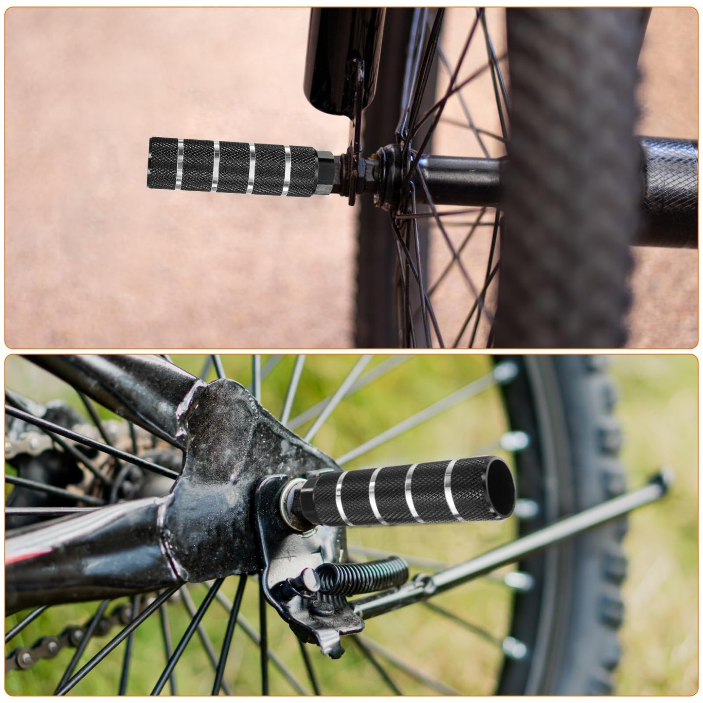 HARFINGTON 2 Pairs Bike Pegs Aluminum Alloy Rear Stunt Pegs Anti-Skid Stripe Back Seat Stands Fit 3/8" Axles for Mountain Bike, Black & Silver
