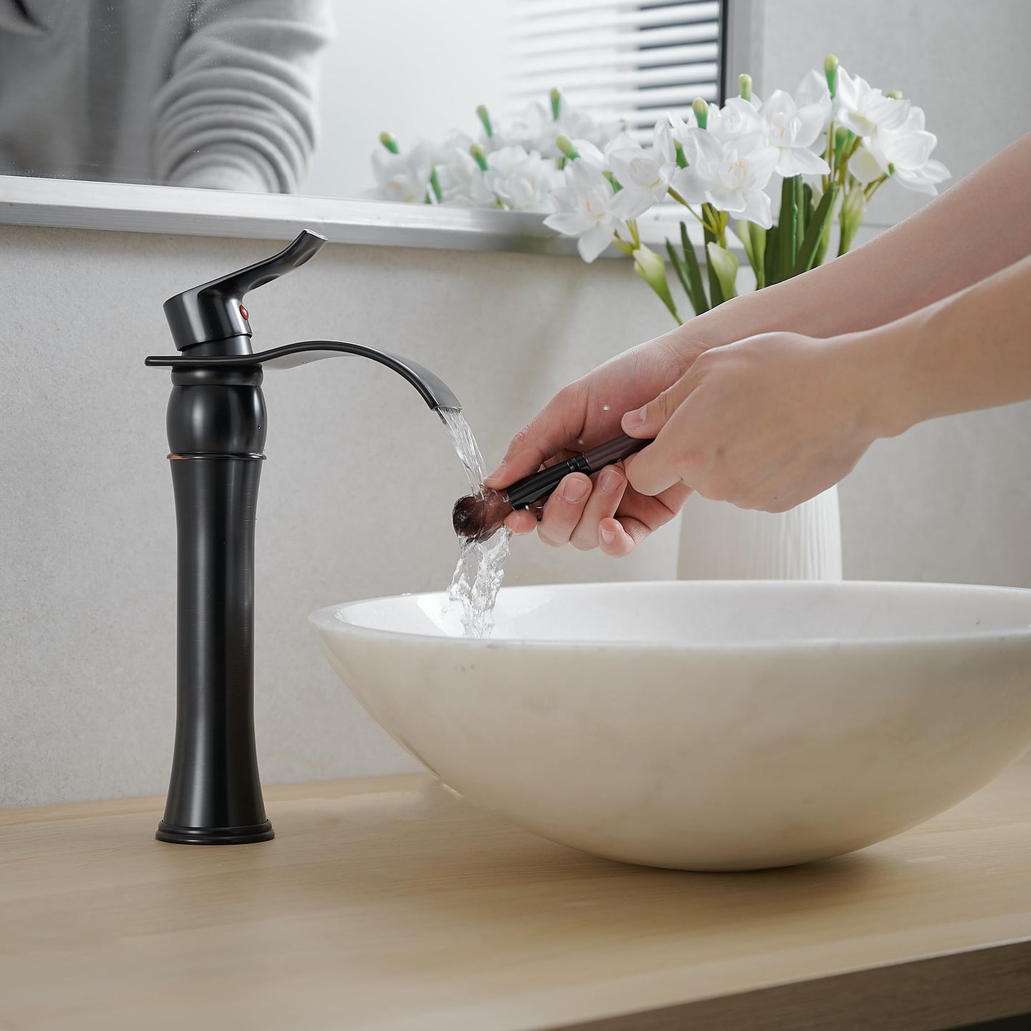 HOIGY Vessel Sink Faucet Oil Rubbed Bronze, Brass Tall Bathroom Faucet Waterfall 1 Hole, Bathroom Faucets Single Handle Bathroom Sink Faucet Bronze with Pop-Up Drain & Water Hoses for Farmhouse