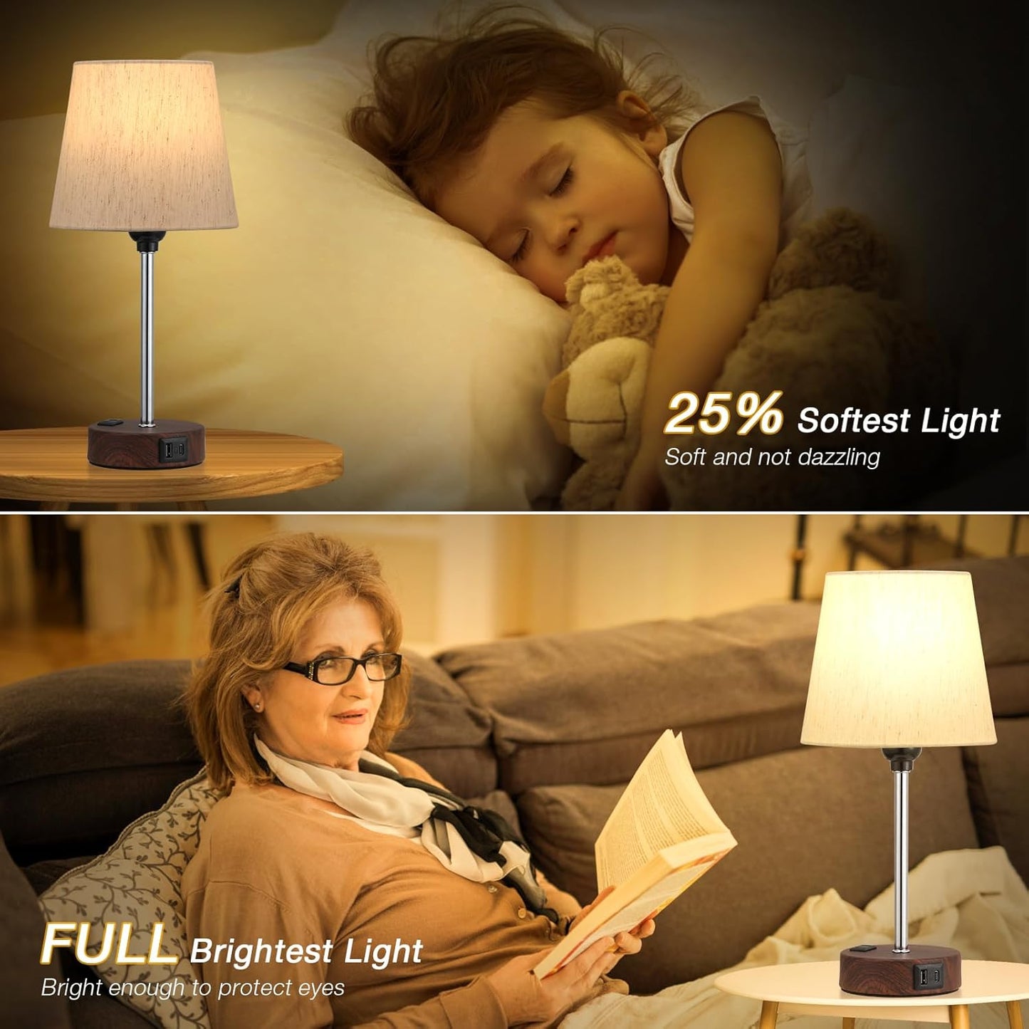Set of 2 Mini Bedside Lamps with USB-C & AC Outlet - Dimmable Touch Nightstand Lights for Bedrooms