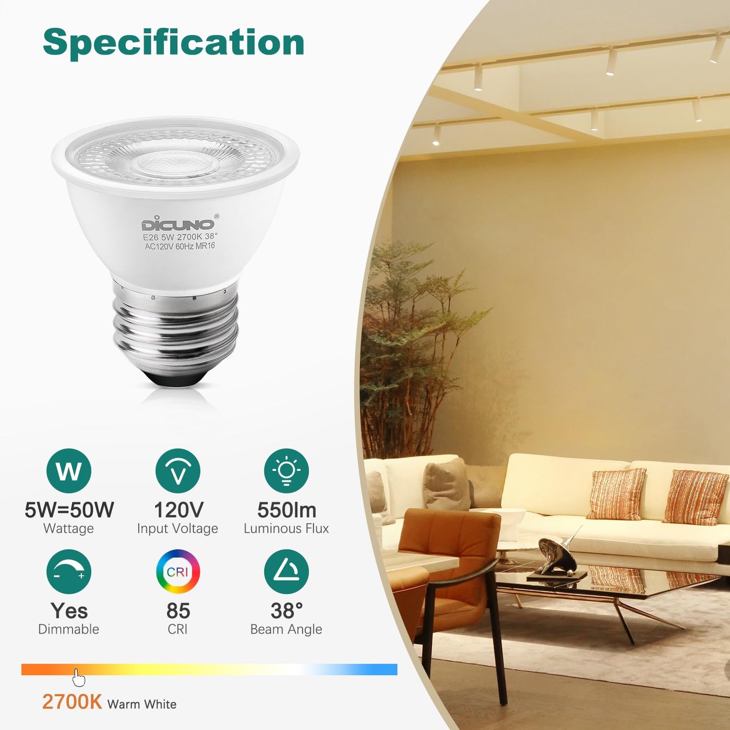 DiCUNO PAR16 LED Bulb Dimmable, 5W Short Neck Spotlight Bulb, 550Lumen, 38° Beam Angle, Warm White 2700K, 50W Equivalent E26 LED for Recessed Light, Curio Cabinet, Pack of 6