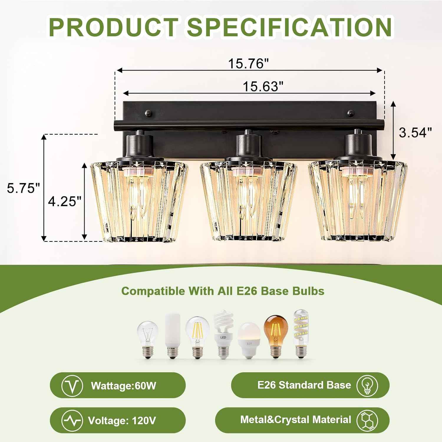 Modern 3-Light Crystal Vanity Light Fixture for Bathroom & Bedroom - Black Finish