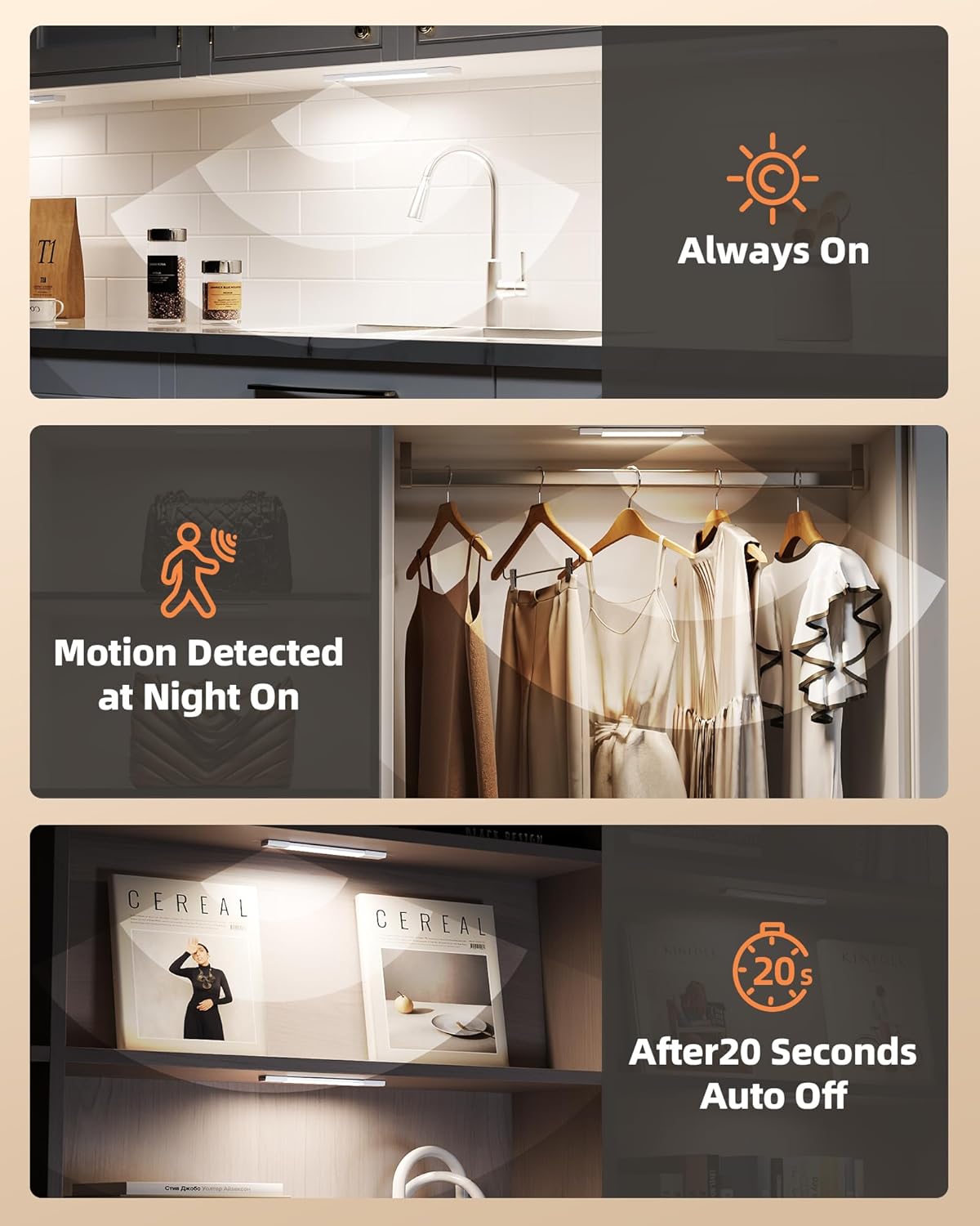 Rechargeable Motion Sensor Under Cabinet Lights - 6-Pack Dimmable LED Closet Lighting, 3 Color Temperatures, 11.8 Inch for Kitchen, Pantry & Bedroom