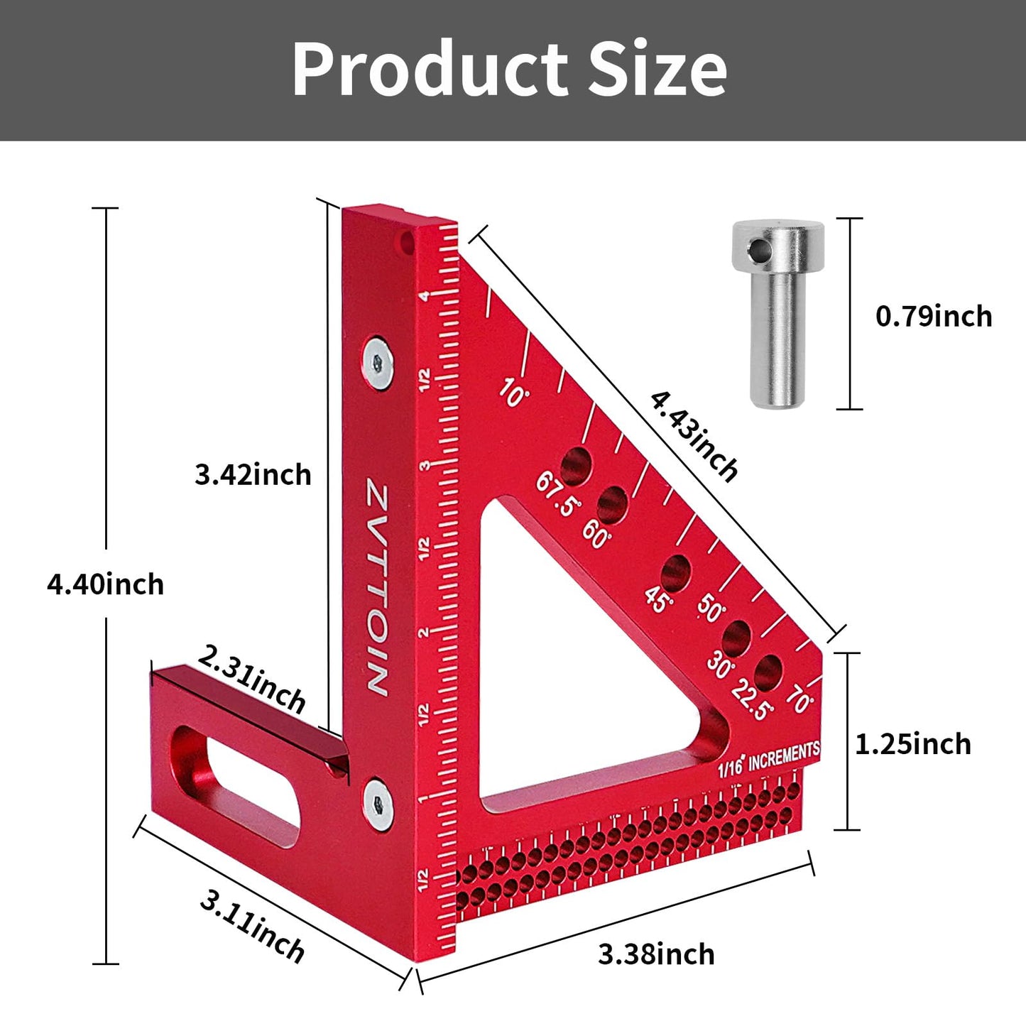 3D Multi-Angle Measuring Ruler, 0°-90° Aluminum Alloy Measuring Ruler, Woodworking Square Measuring Tool (4.40 inch, red)