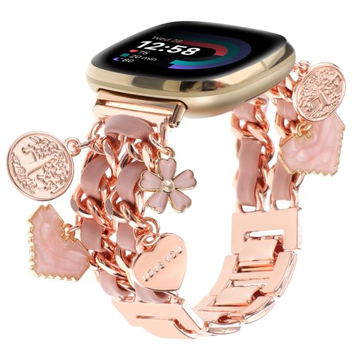 REALSIGN Stylish Band Compatible with Fitbit Versa 3 Bands/Versa 4/Sense 2/Sense Bands for Women,Metal Cuban Chain with Unique Flower Love Pendants Charms Dressy Strap(Flower Rose Gold)
