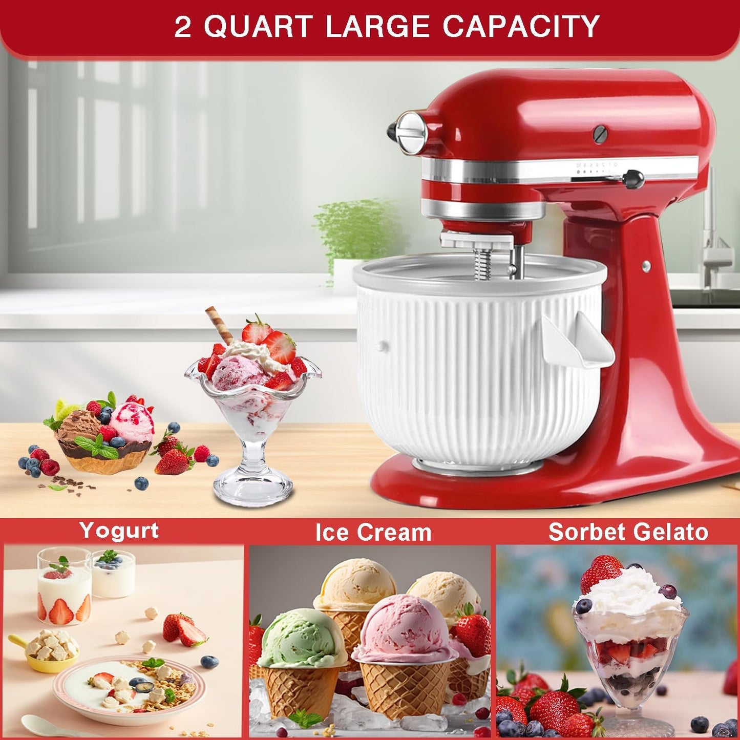 Ice Cream Maker Attachment for KitchenAid Mixer - 2 Quart Bowl for Yogurt, Sorbet & Gelato