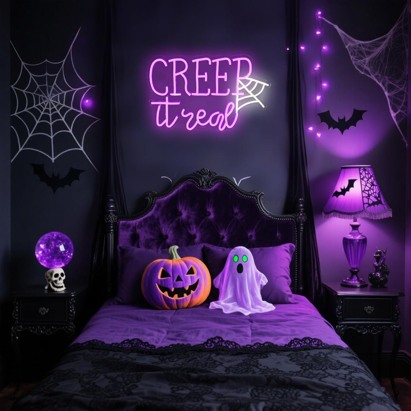Creep It Real Halloween Neon Sign with Ghost & Spider Web - Spooky Party Decor