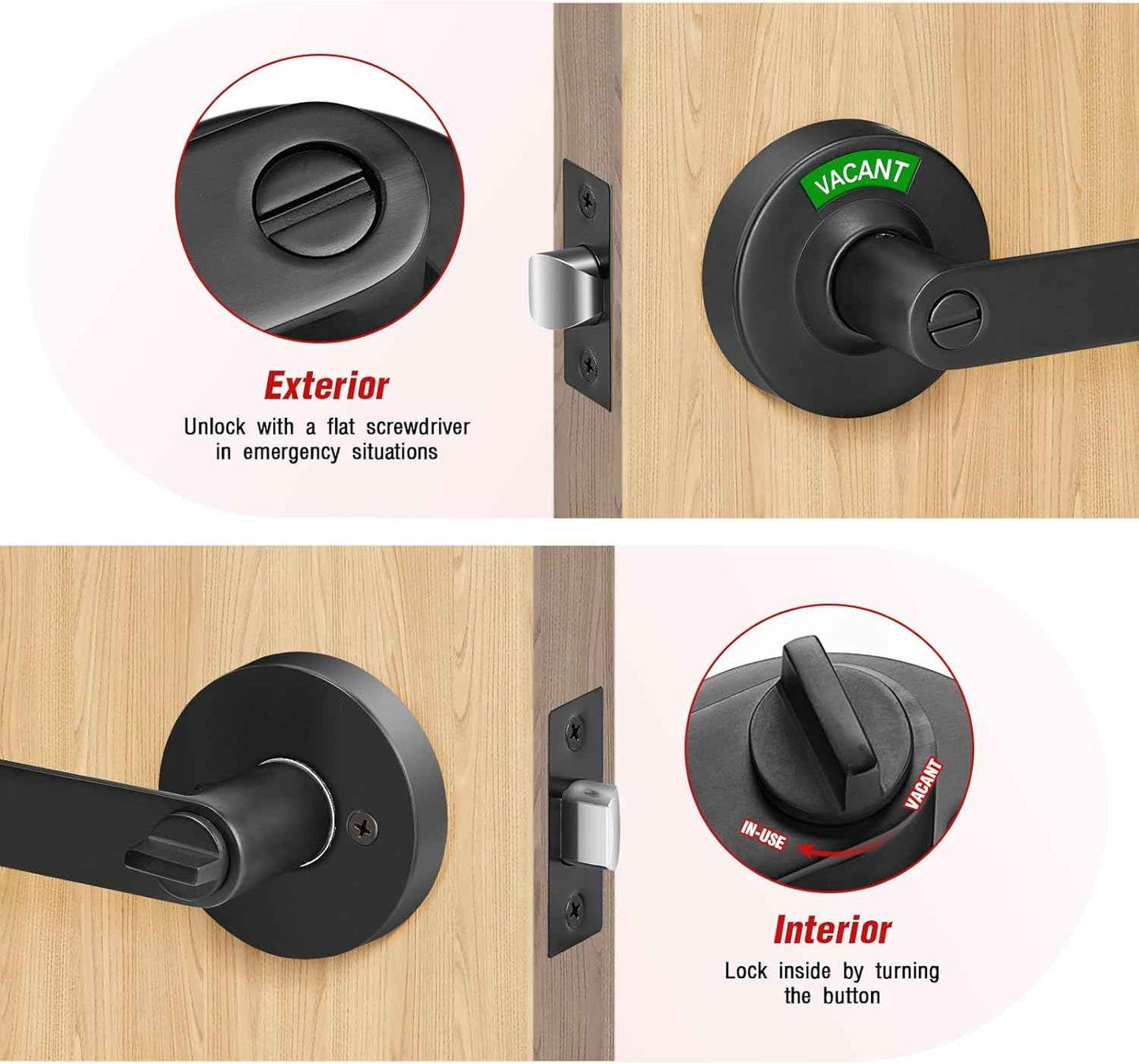 Commercial Grade Black Bathroom Privacy Door Lock - Vacant/Occupied Indicator for Restrooms