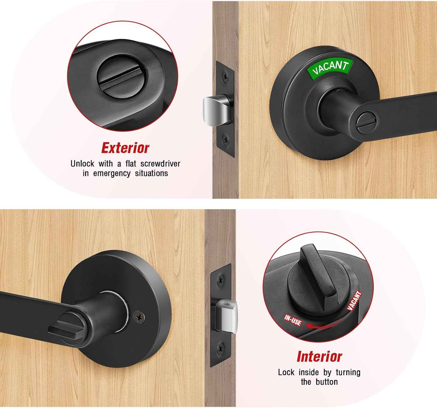 Commercial Grade Black Bathroom Privacy Door Lock - Vacant/Occupied Indicator for Restrooms