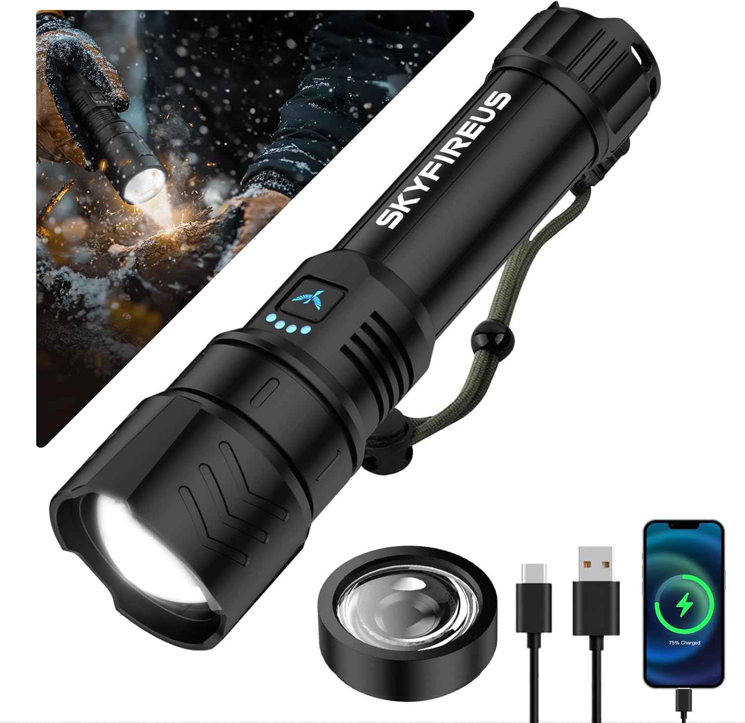 2000 Lumen Rechargeable LED Flashlight - Waterproof Tactical Light with Zoom & 4 Modes for Camping & Outdoor Use
