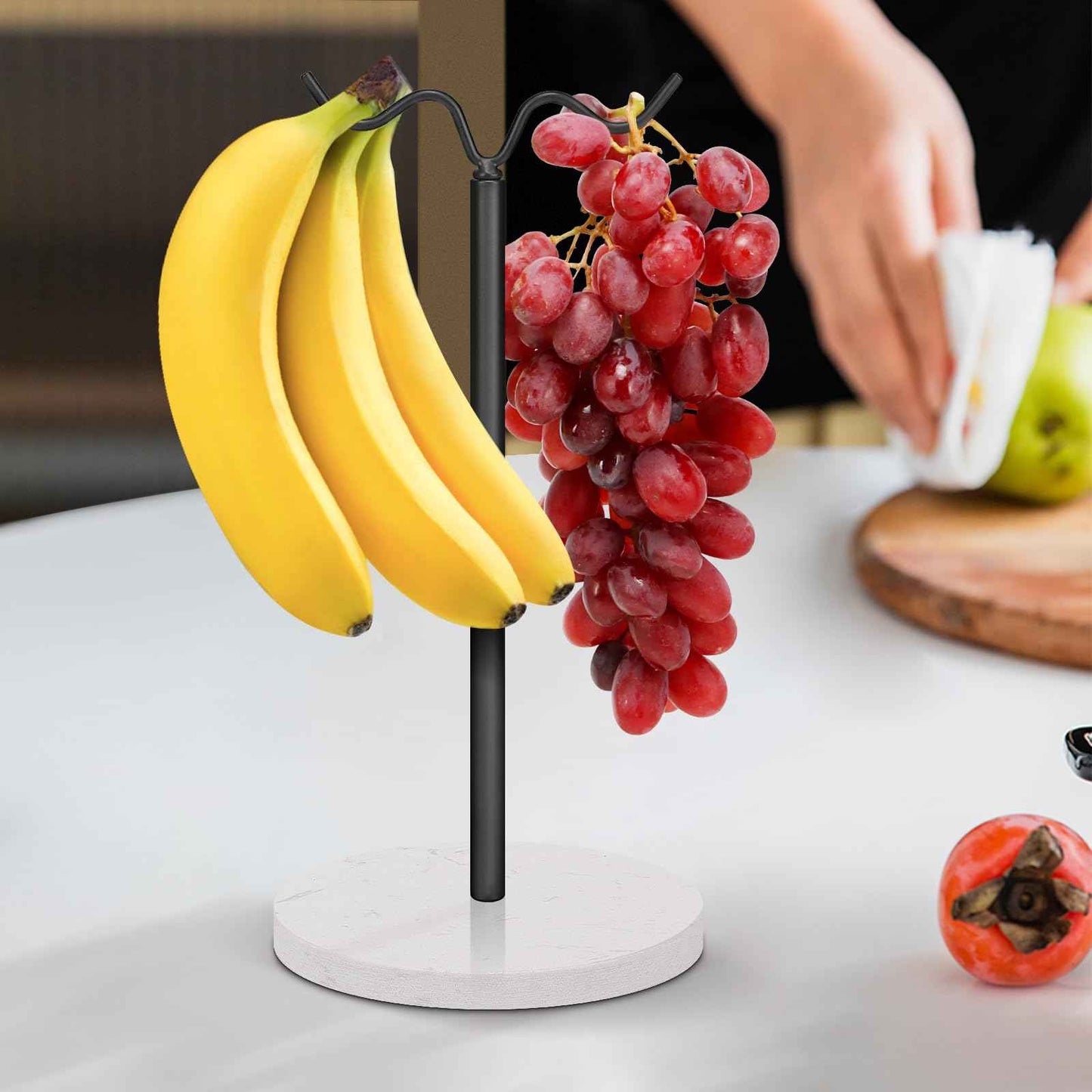 Winmien Double Hooks Standing Banana Holder, Banana Hanger Tree Stand Hook for Kitchen Countertop, Sturdy and Balanced Fruit Shelves with Storage on Both Sides.(Black)