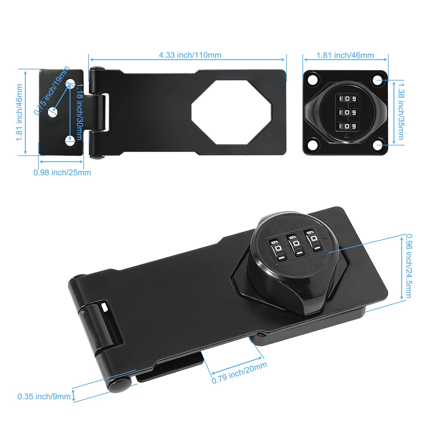 Redunest Password Rotary Hasp Locks,Black 1 Pack Cabinet Locks with Combination,Keyless Security Latch for Sliding Barn Door, Gate, Small Door, Closet, Drawers